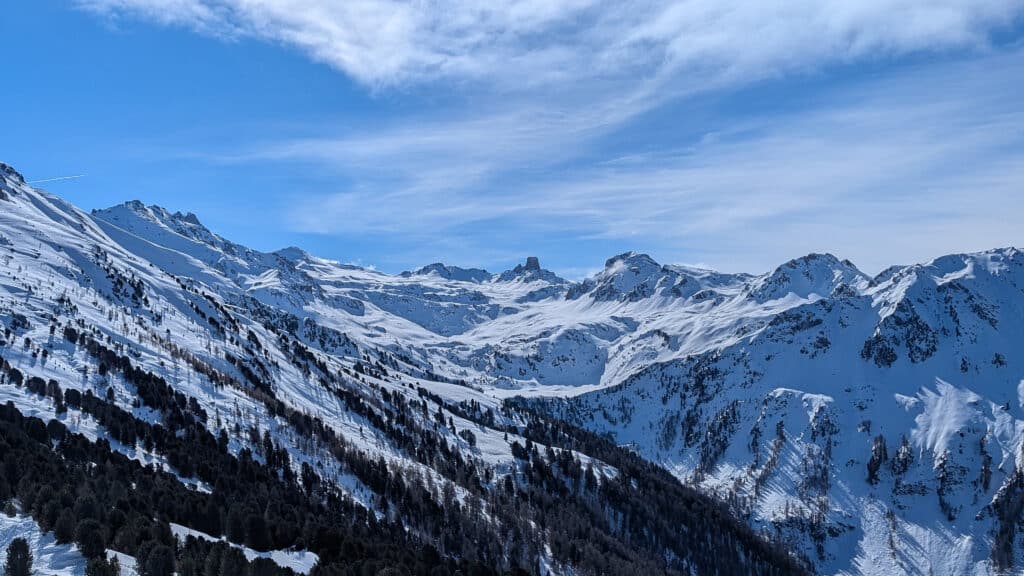 Montagnes enneigées et forêts alpines sous un ciel bleu clair.