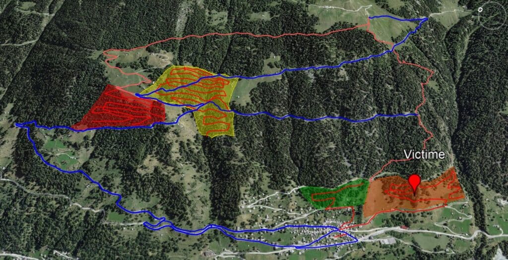 Carte satellite de recherche de victime en montagne avec zones.