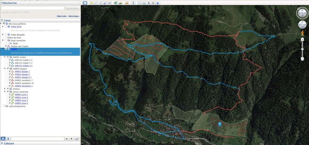 Carte SIG montrant des zones de recherche et équipes ANREX.