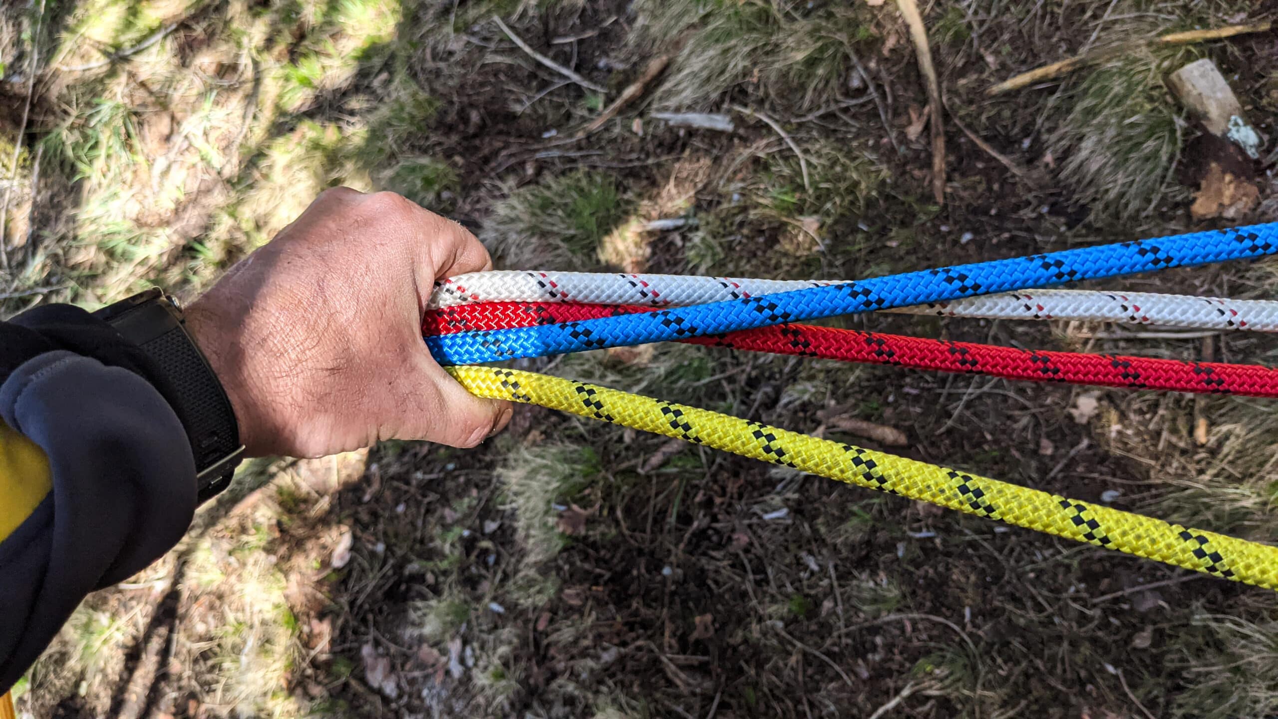 Main tenant quatre cordes d'escalade multicolores.